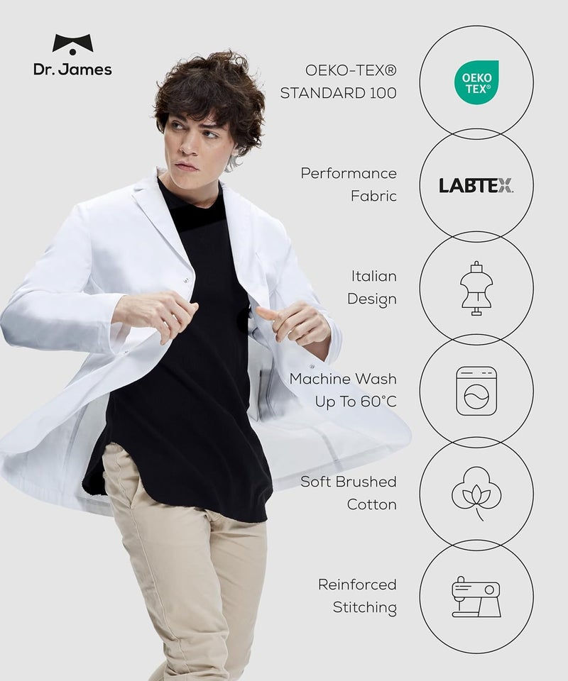 DR. JAMES 100% Cotton Premium Lab Coat for Men, Smartphone & Tablet Pockets, Tailored Fit, Button Closing, 38" Length - Image 4